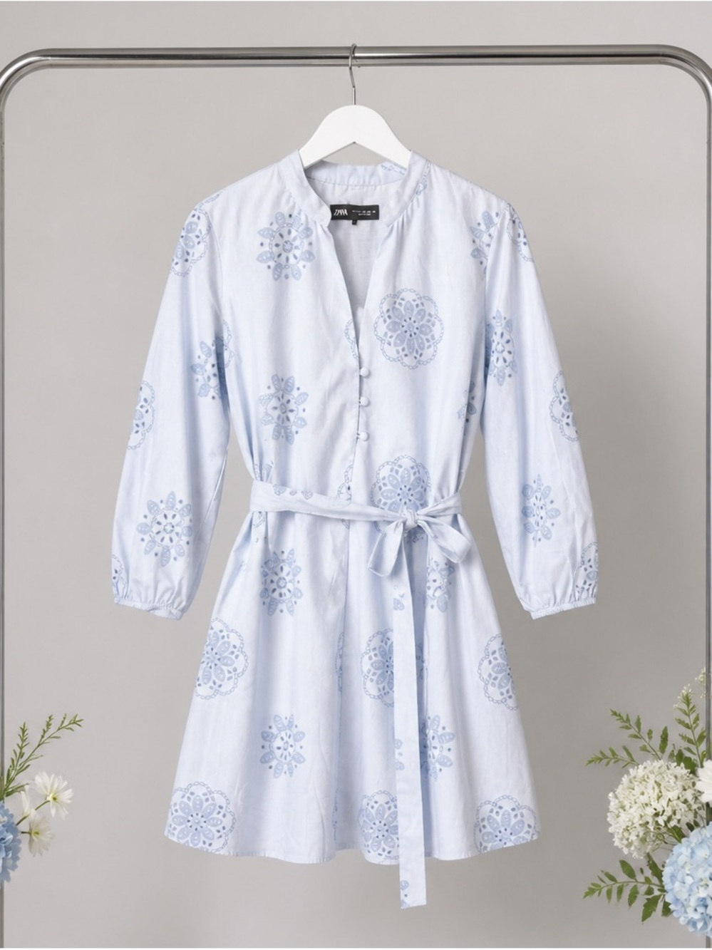Zara Light Blue Embroidered Midi Dress